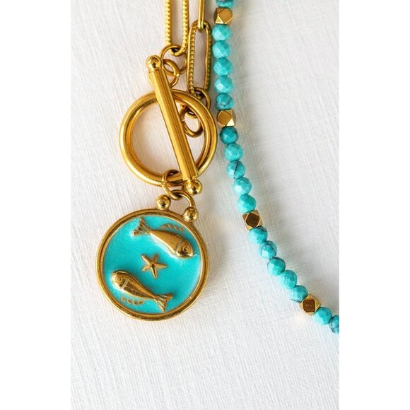 Zodiac Pendant Necklace Waterproof Gold Toggle Clasp Turquoise pendant Necklace - Picture 13 of 16